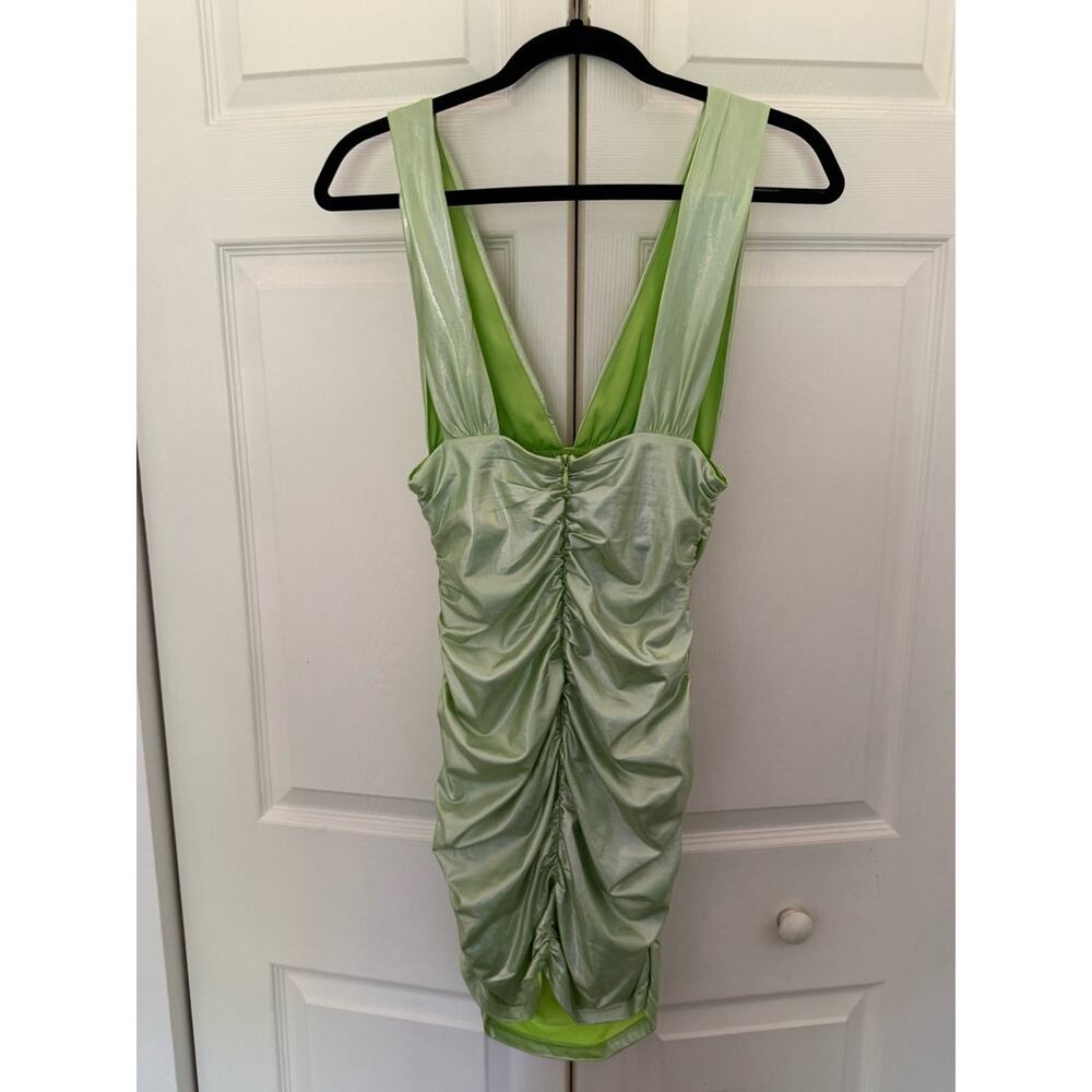 REVOLVE Superdown Kerrie Deep V Dress Metallic Green Ruched Mini Dress Small - Picture 5 of 10